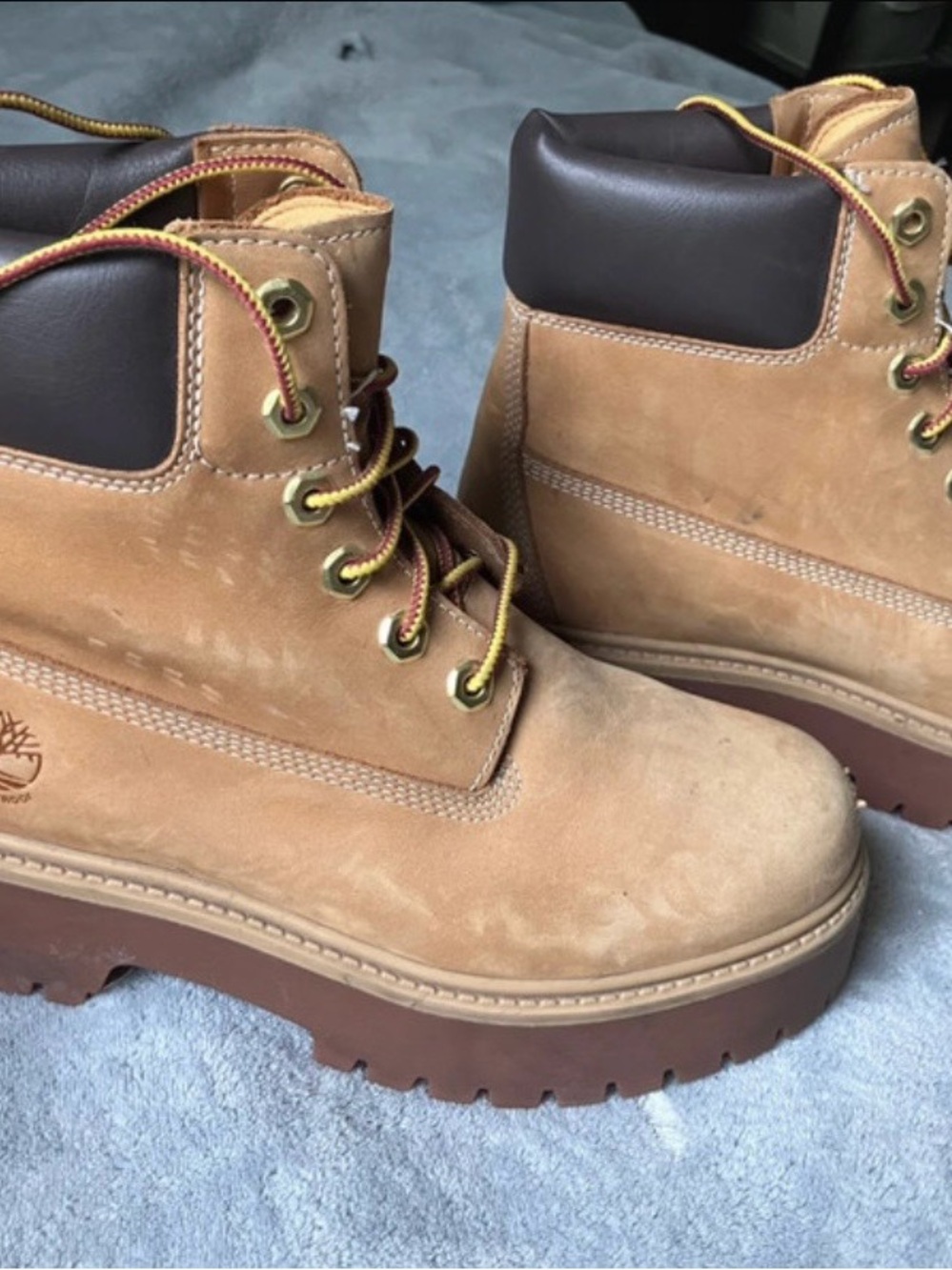 Timberland Wheat Nubuck Platform Work Boots with Dark Brown Collar